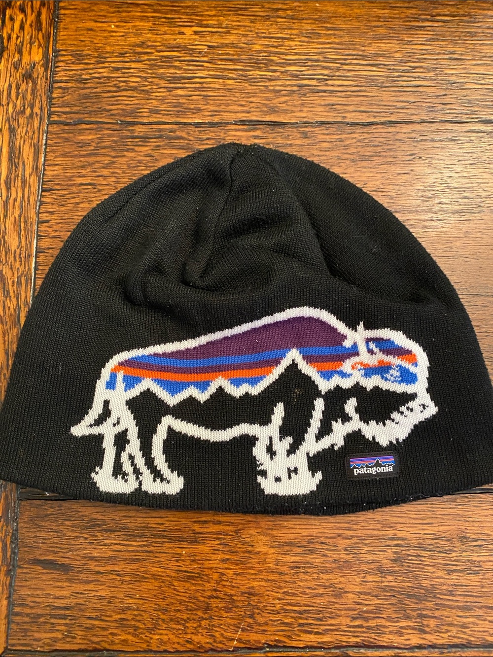 Patagonia Kids Black Beanie with Purple, Blue & Orange Buffalo Graphic